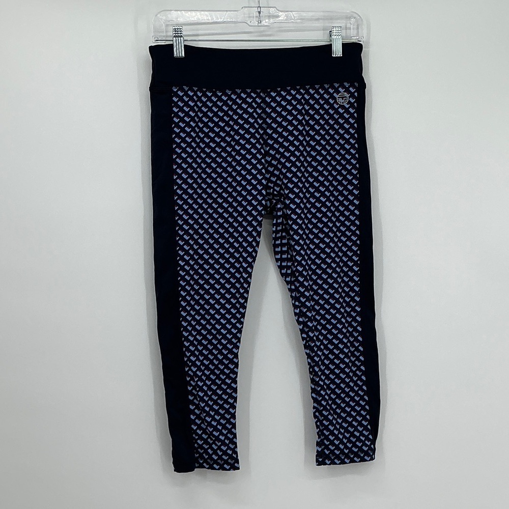 Tory Burch Sport Patterned Leggings Size Large Navy & Light Blue Logo Print